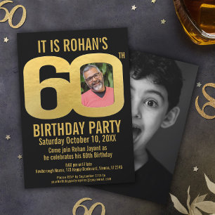 Invitation 60e fête d'anniversaire noir or maintenant puis ph
