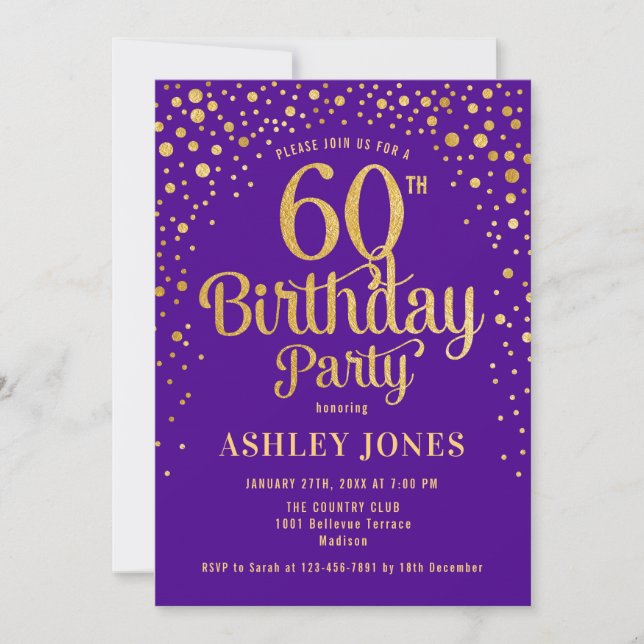 Invitation 60e fête d'anniversaire - Purple & Gold (Devant)