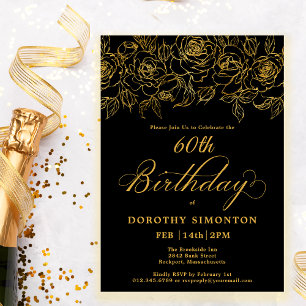 Invitation 60e fête d'anniversaire Rose d'or Floral Black