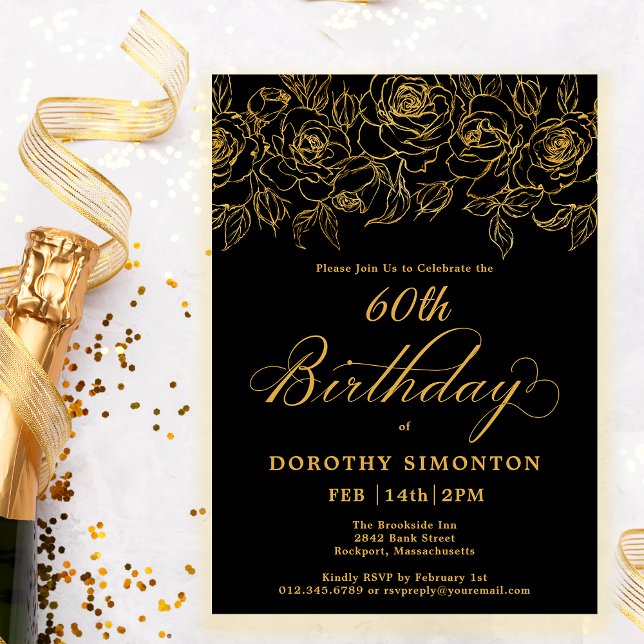 Invitation 60e fête d'anniversaire Rose d'or Floral Black (Créateur téléchargé)
