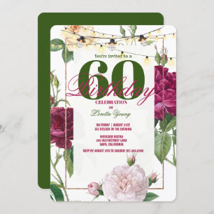 Invitation 60e fête d'anniversaire, Rose/Fleurs roses Gold Fr