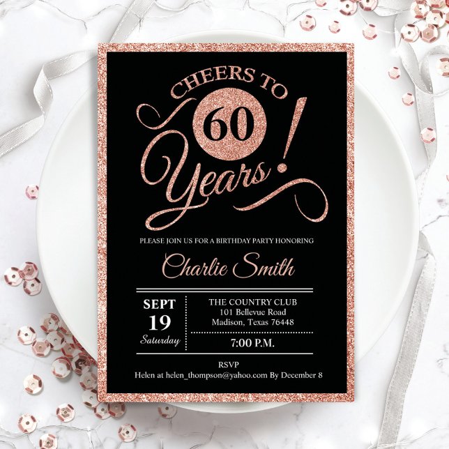 Invitation 60e fête d'anniversaire - Rose Gold Black ANY AGE (Créateur téléchargé)