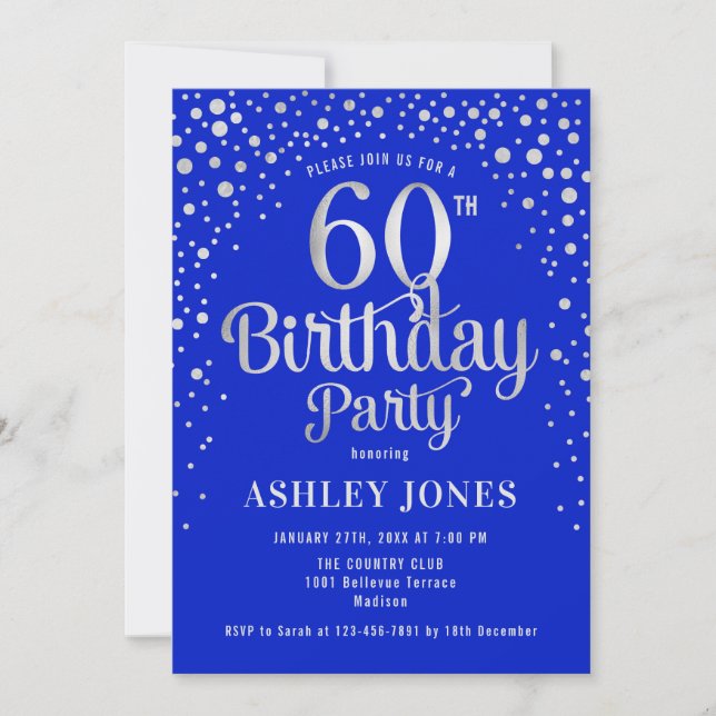 Invitation 60e fête d'anniversaire - Royal Blue & Silver (Devant)