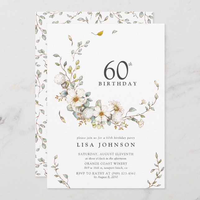 Invitation 60e fête d'anniversaire Rustic Watercolor Fleur sa (Devant / Derrière)