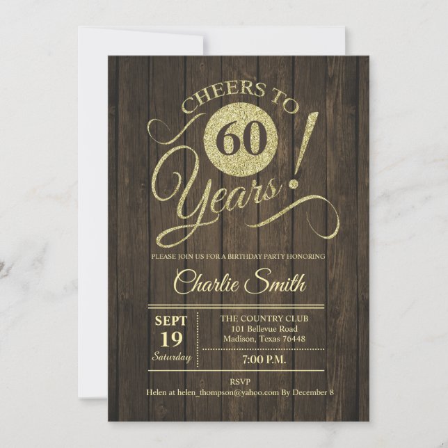 Invitation 60e fête d'anniversaire - Rustic Wood Gold (Devant)