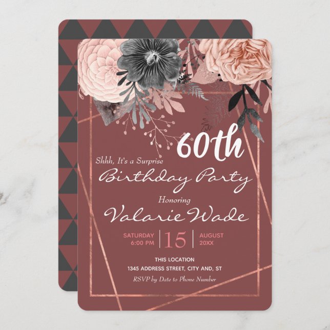 Invitation 60e fête d'anniversaire surprise Roses roses roses (Devant / Derrière)