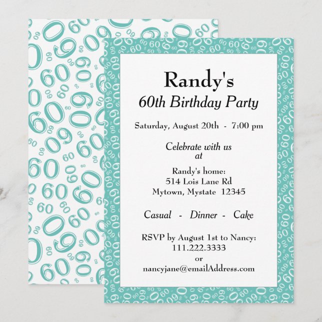 Invitation 60e fête d'anniversaire Turquoise/Motif numérique  (Devant / Derrière)