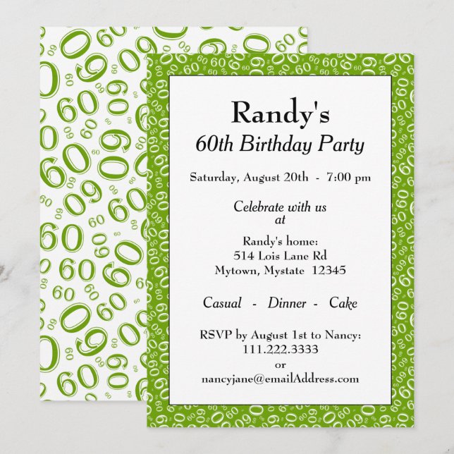 Invitation 60e fête d'anniversaire Vert et blanc Motif numéri (Devant / Derrière)
