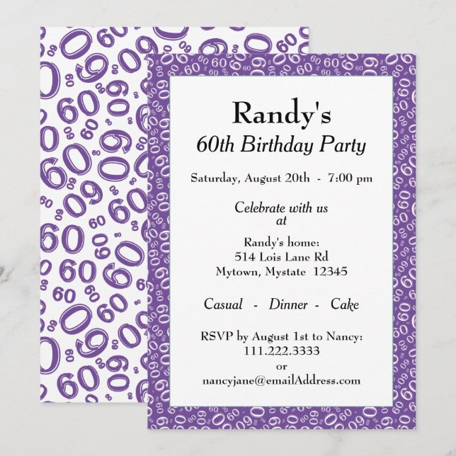 Invitation 60e fête d'anniversaire violet/blanc Motif numériq (Devant / Derrière)