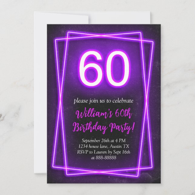 Invitation 60e Neon Lights Retro Black Chic Soixante Annivers (Devant)