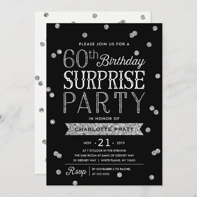 Invitation 60e Parties scintillant Confetti Surprise Party In (Devant / Derrière)