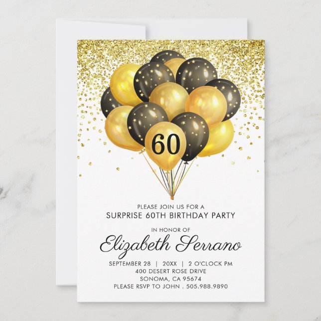 Invitation 60e Parties scintillant d'or noir surprise (Devant)