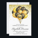 Invitation 60e Parties scintillant d'or noir surprise<br><div class="desc">Ballons noirs et or et confetti 60e anniversaire invitation de fête. Design audacieux de style noir et or avec une police de caractères moderne. Personnaliser pour tout âge. 40,  50,  60,  70,  80,  90 et plus.</div>