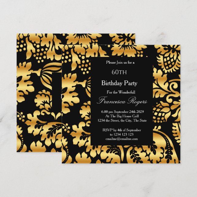 Invitation 60e Soirée d'anniversaire élégante Gold Black (Devant / Derrière)