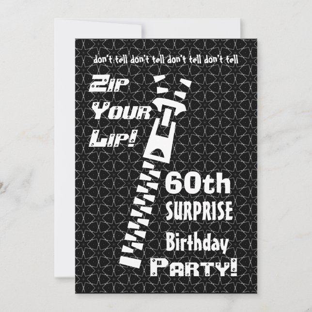Invitation 60e SURPRISE Funny Birthday Party Zip Your Lip (Devant)
