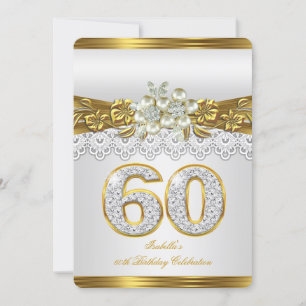 Invitation 60e White Pearl Gold Lace Floral fête d'anniversai