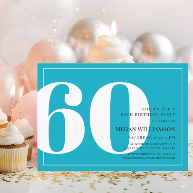 Invitation 60ème Aqua moderne et Script blanc Anniversaire (Créateur téléchargé)