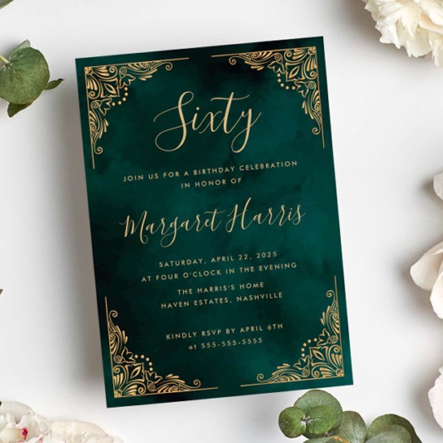 Invitation 60ème Soixante Or Cadre Vert Anniversaire (Créateur téléchargé)