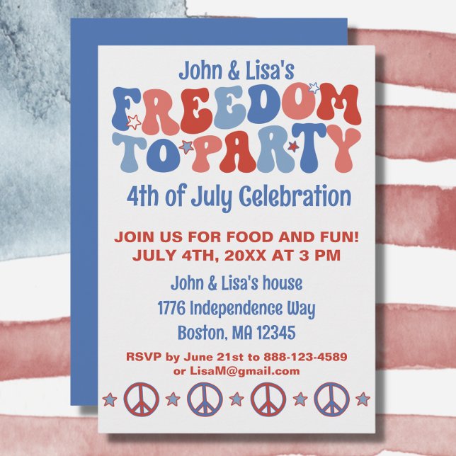 Invitation 60s Parti de la liberté Super rétro 4 juillet (Your 4th of July party will be a hit with this groovy "freedom to party" invitation.)