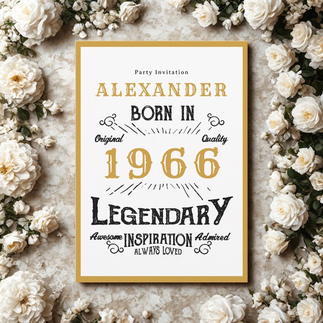 Invitation 60th Birthday Born 1966 White Gold Legend (Born 1966 birthday invitation.)