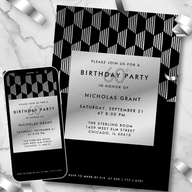 Invitation 60th Birthday Modern Black Faux Silver Foil (Créateur téléchargé)