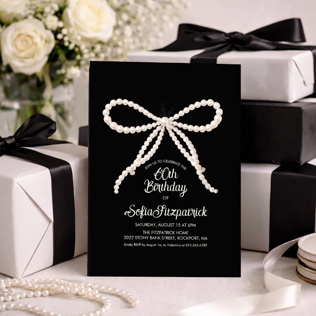 Invitation 60th Birthday Party Black White Pearl Bow (Créateur téléchargé)