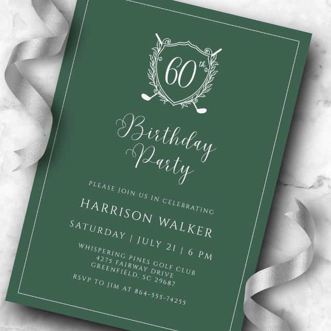 Invitation 60th Birthday Party Golf Crest Elegant Script Sage (Créateur téléchargé)