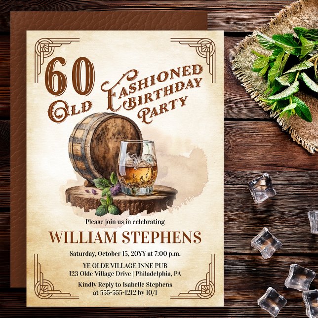 Invitation 60th Old Fashioned Whiskey Barrel Birthday Party (Old Fashioned whiskey barrel 60th birthday invitation vintage masculine style)