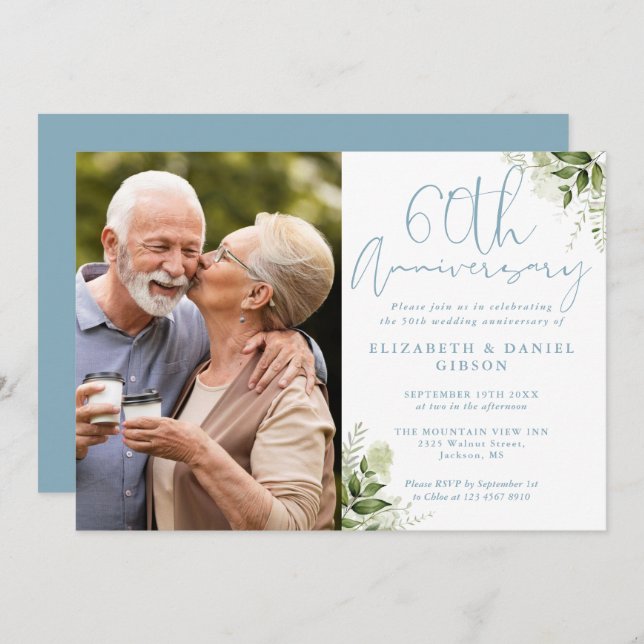 Invitation 60th Wedding Anniversary Greenery Floral Photo (Devant / Derrière)