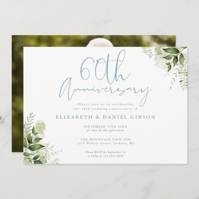 Invitation 60th Wedding Anniversary Greenery Floral Photo (Devant / Derrière)