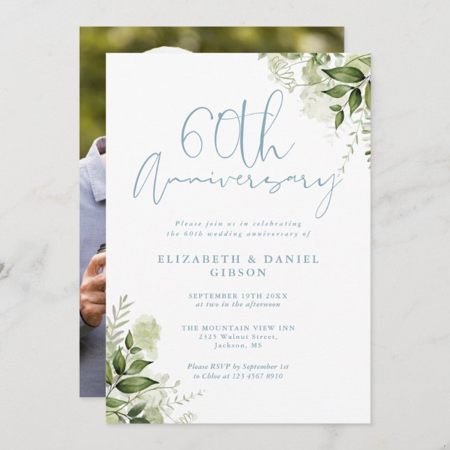 Invitation 60th Wedding Anniversary Greenery Floral Photo (Devant / Derrière)
