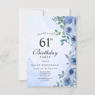Invitation 61 ans Fleur Chic Aquarelle Bleu Poussi