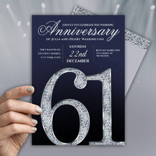 Invitation 61e Anniversaire Diamant Argent Bleu Marine Modern
