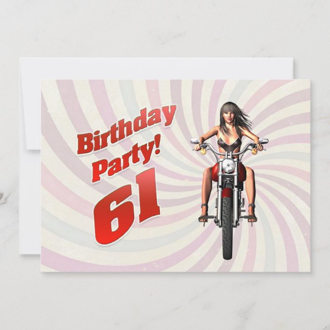 Invitation 61ème anniversaire avec une fille sur une moto (Devant)