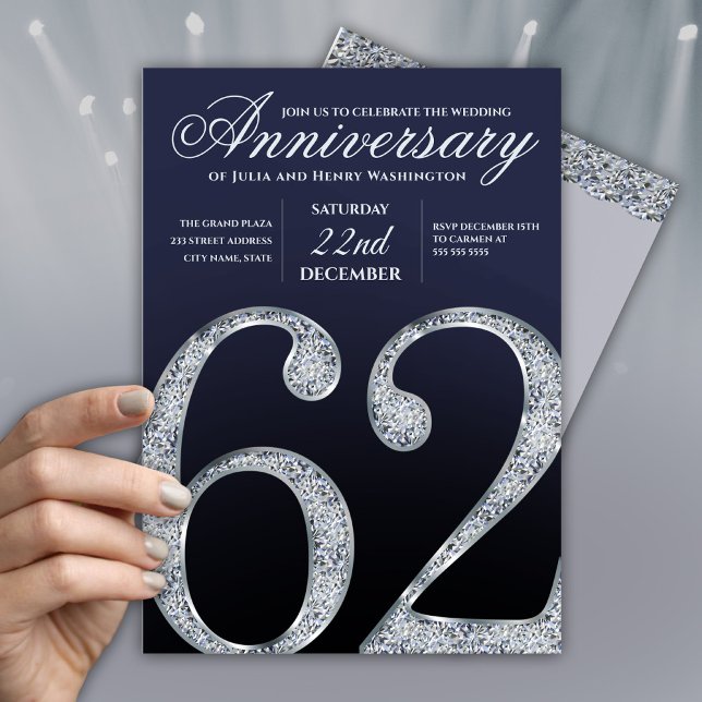 Invitation 62e Anniversaire Moderne Bleu Marine Argent Diaman (Créateur téléchargé)