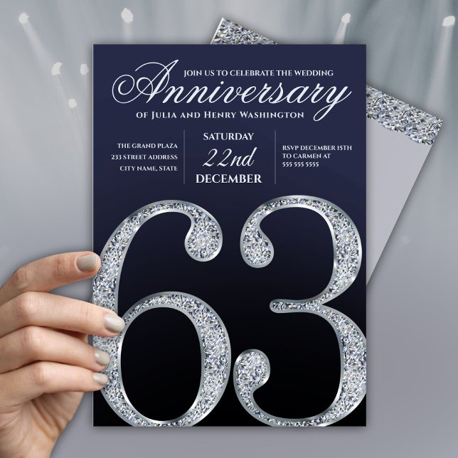 Invitation 63e Anniversaire Moderne Diamant Argent Bleu Marin (Créateur téléchargé)