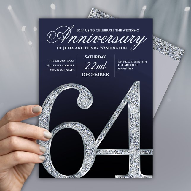Invitation 64e Anniversaire Moderne Bleu Marine Argent Diaman (Créateur téléchargé)