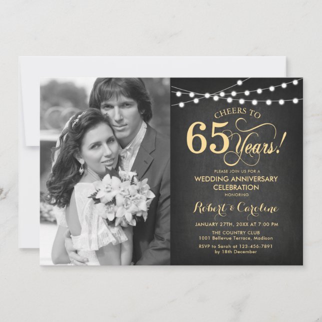 Invitation 65e anniversaire avec photo - Tableau noir et or (Devant)