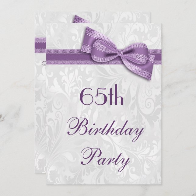 Invitation 65e anniversaire Damas et Purple Faux Bow (Devant / Derrière)