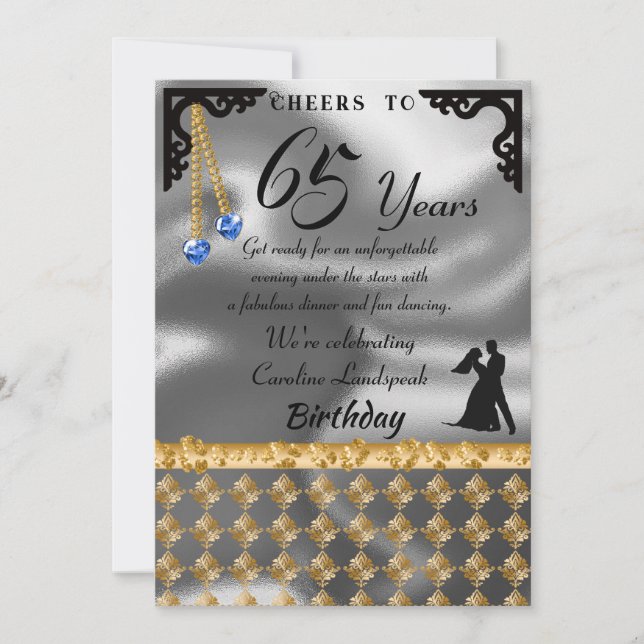 Invitation 65e Anniversaire Dance Party Silver Foil, Coeur Bl (Devant)