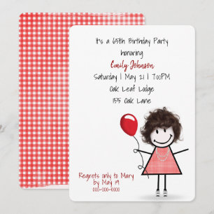 Invitation 65e anniversaire de fête fille avec ballon rouge