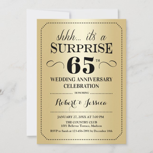 Invitation 65e anniversaire de mariage - Or Noir Surprise (Devant)