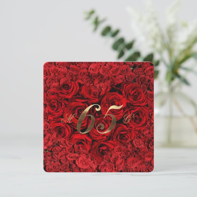 Invitation 65e anniversaire de mariage Roses rouges Cœur Élég (Debout devant)