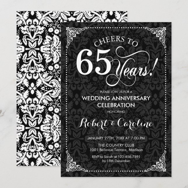Invitation 65e anniversaire du Mariage - Damas noir blanc (Devant / Derrière)