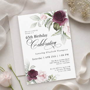 Invitation 65e anniversaire Élégant floral bordeaux rose tend