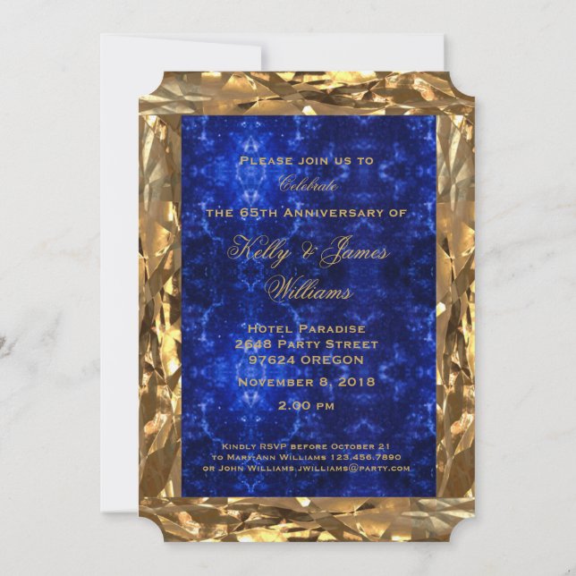 Invitation 65e anniversaire Mariage or bleu saphir chic (Dos)