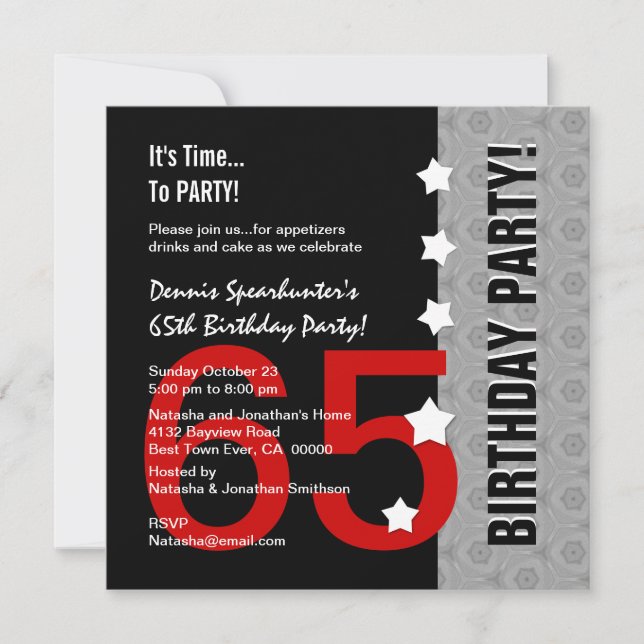 Invitation 65e Anniversaire Moderne Argent Rouge Noir Funny D (Devant)