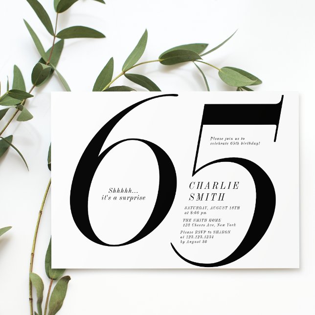 Invitation 65e anniversaire moderne minimaliste noir et blanc (Modern minimalist black and white 65th birthday invitation)