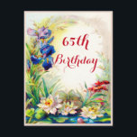 Invitation 65e anniversaire Nénuphars Vintages et fleurs d'Ir<br><div class="desc">nénuphars vintages de 65e anniversaire, tapis de nénuphars et fleurs d'iris, invitations personnalisés. L'élégante, personnalisée et fleurie invitation à la fête du 65e anniversaire femme modèle sur mesure, avec de belles illustrations d'art botanique antique vintage d'un étang d'eau bleu avec de jolies fleurs d'iris nénuphars et bleues. Scénario Whimsical, fantaisie,...</div>
