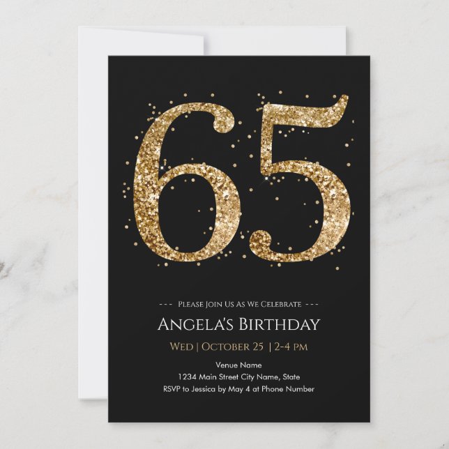Invitation 65e Anniversaire Noir Paillettes Or (Devant)